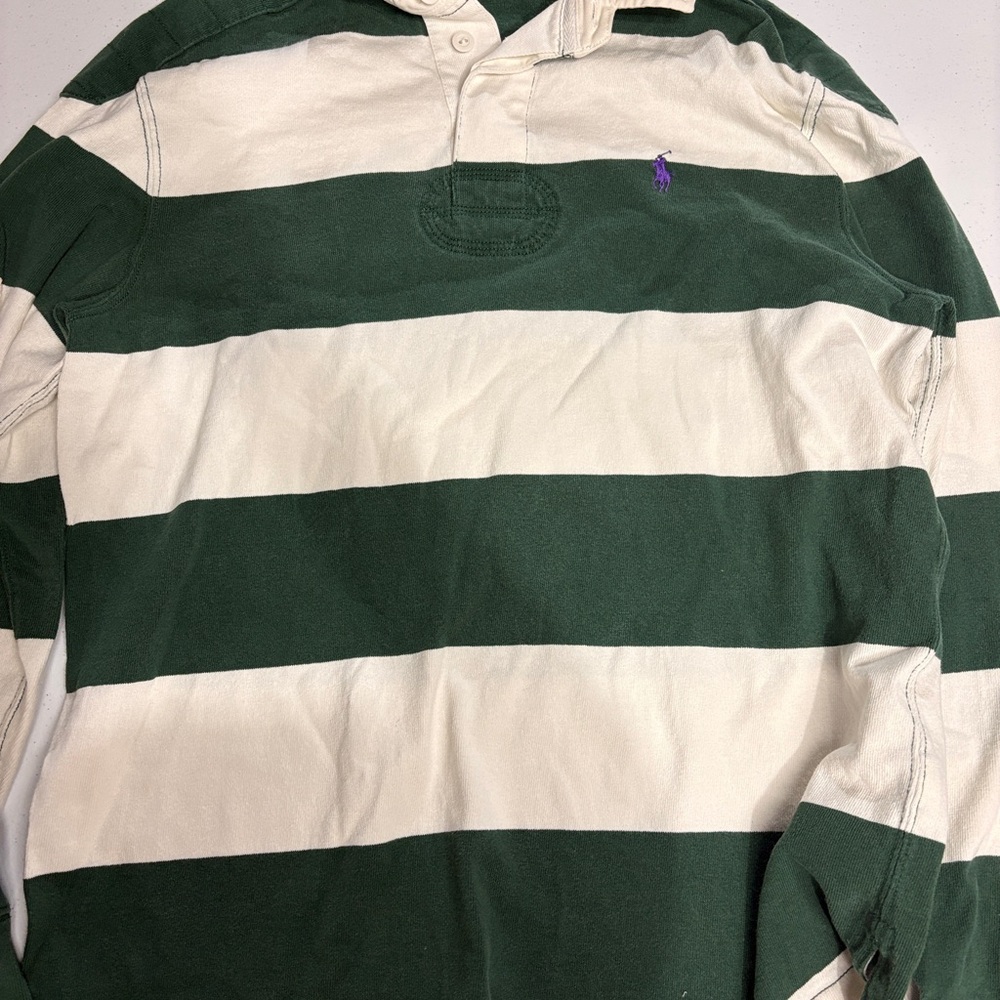 Ralph Lauren Cream and Green Polo Shirt striped custom fit medium
